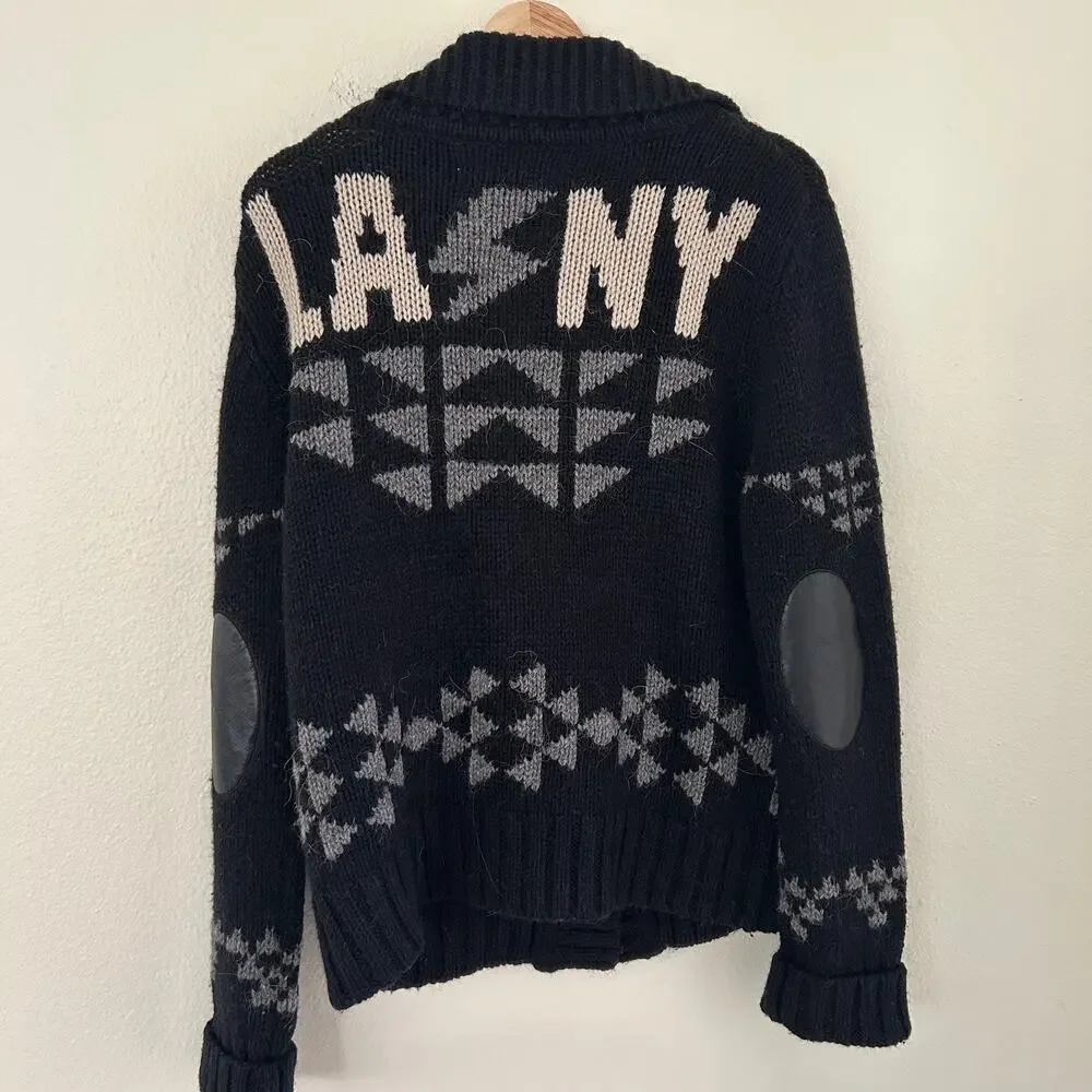 291 Venice Wool Alpaca Cardigan Womens 3/L Black Shawl Collar Elbow Patch LA NY